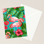 Flamingo birds and tropical garden          watercolor Stationery Card Gallery Image 2