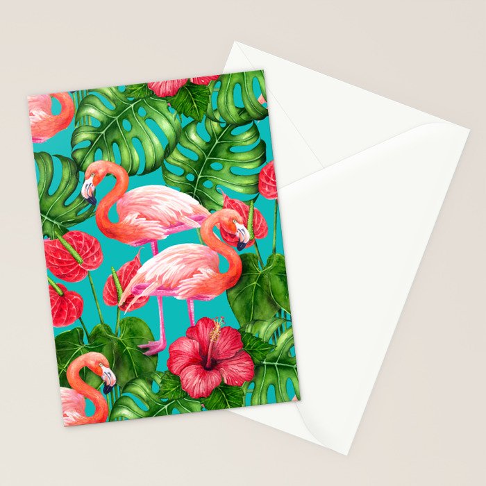 Flamingo birds and tropical garden          watercolor Stationery Card Gallery Image 2