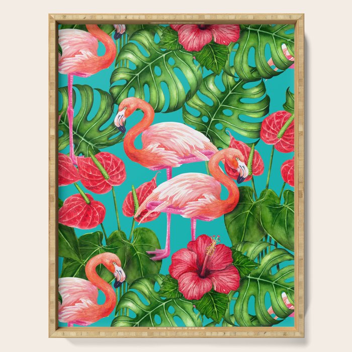 Flamingo birds and tropical garden          watercolor Serving Tray Gallery Image 1