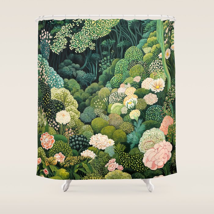 Maximalist Art Botanical Poster Flower Print Polkadot Pattern Floral Art Forest Wall Art Pastel Art Shower Curtain Gallery Image 1