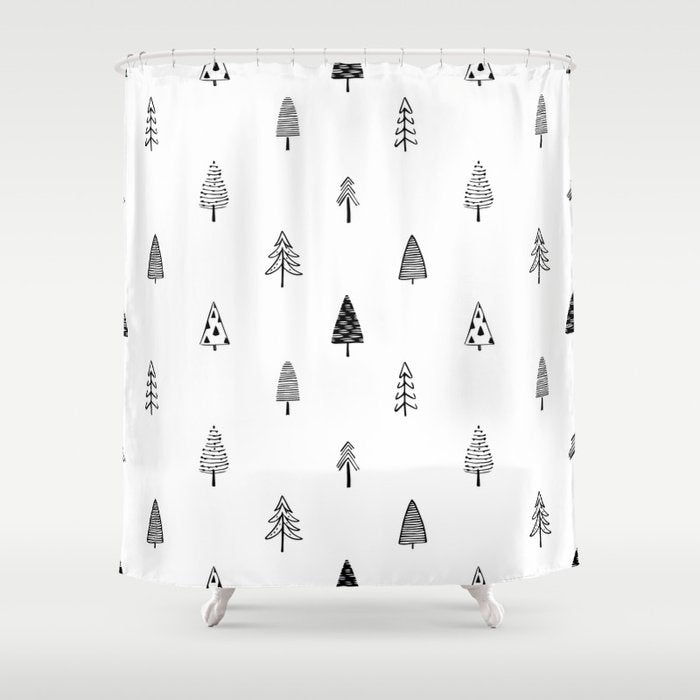 Black and white pine tree doodle art pattern Shower Curtain Gallery Image 1