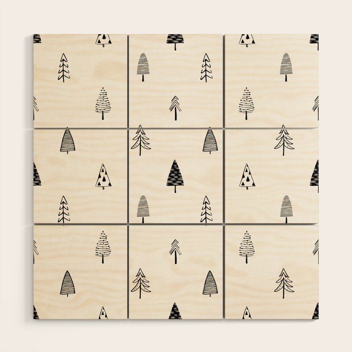 Black and white pine tree doodle art pattern Wood Wall Art Gallery Image 1