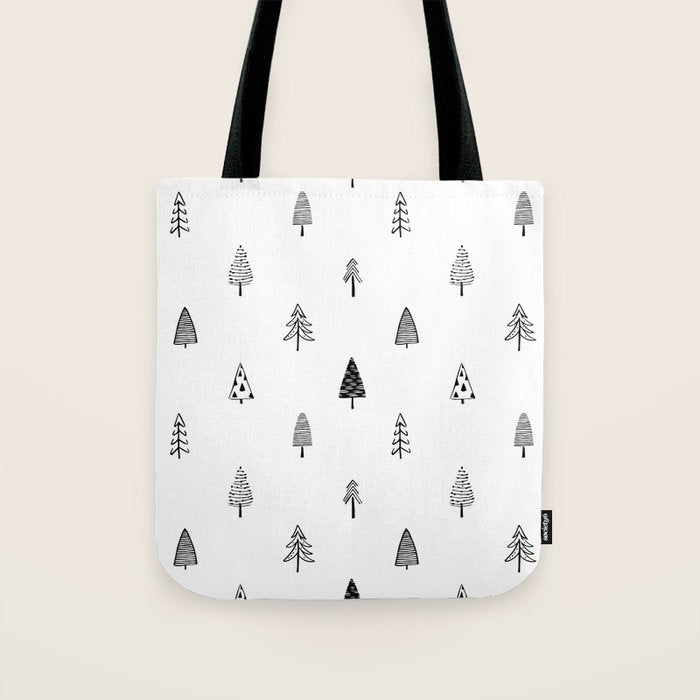 Black and white pine tree doodle art pattern Tote Bag Gallery Image 1