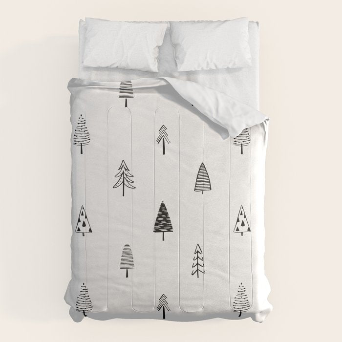 Black and white pine tree doodle art pattern Comforter Gallery Image 1