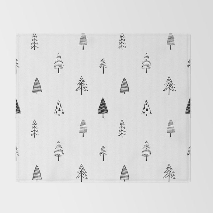 Black and white pine tree doodle art pattern Throw Blanket Gallery Image 2