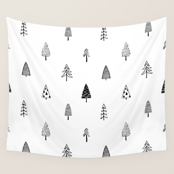 Black and white pine tree doodle art pattern Wall Tapestry Gallery Image 4