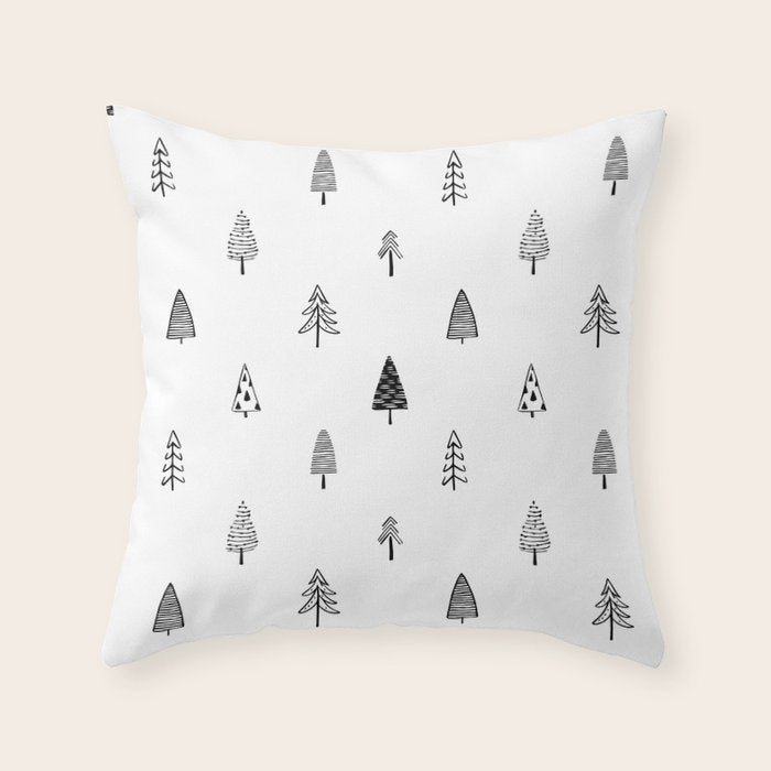 Black and white pine tree doodle art pattern Throw Pillow Gallery Image 6