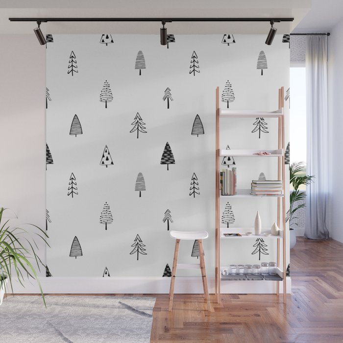 Black and white pine tree doodle art pattern Wall Mural Gallery Image 1