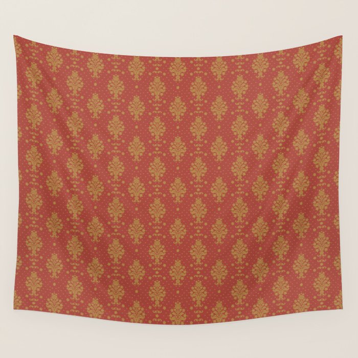 Red and Gold Damask Pattern Ornate Floral Medallions for Luxe Maximalist Wall Tapestry Gallery Image 1