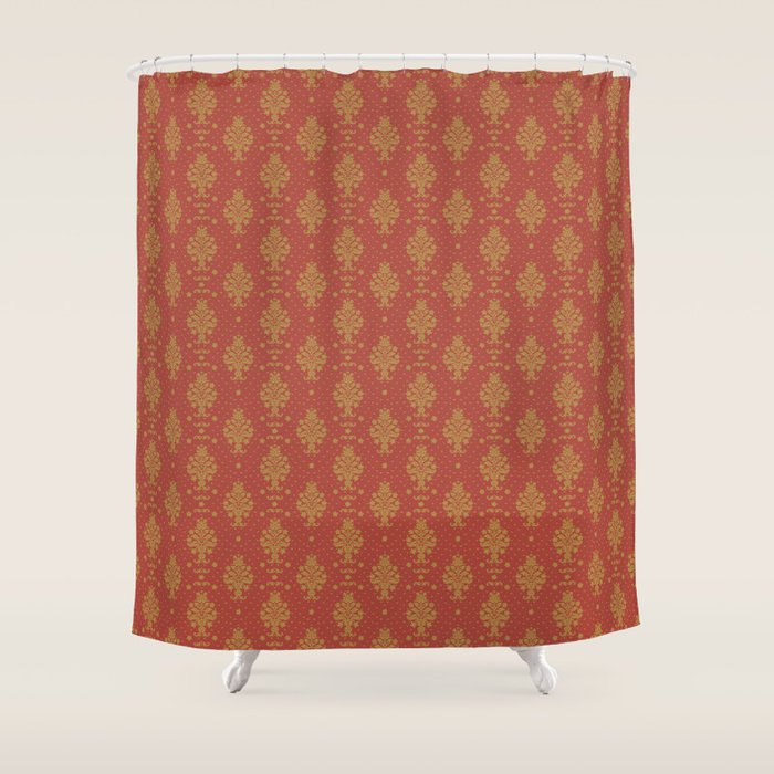 Red and Gold Damask Pattern Ornate Floral Medallions for Luxe Maximalist Shower Curtain Gallery Image 1