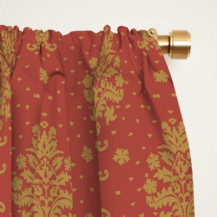 Red and Gold Damask Pattern Ornate Floral Medallions for Luxe Maximalist Window Curtain Gallery Image 2
