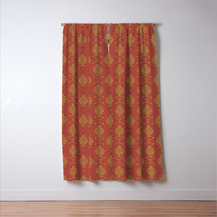 Red and Gold Damask Pattern Ornate Floral Medallions for Luxe Maximalist Window Curtain Gallery Image 3