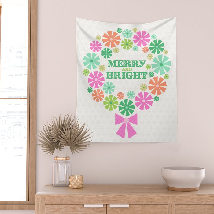 Merry and Bright Christmas Wreath Wall Tapestry Gallery Image 2