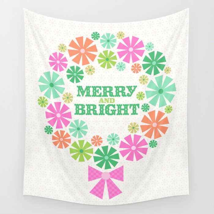 Merry and Bright Christmas Wreath Wall Tapestry Gallery Image 1