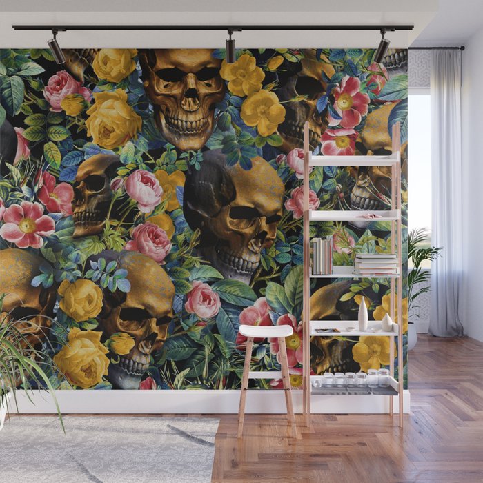 Skull and Flowers Pattern Wall Mural Gallery Image 1