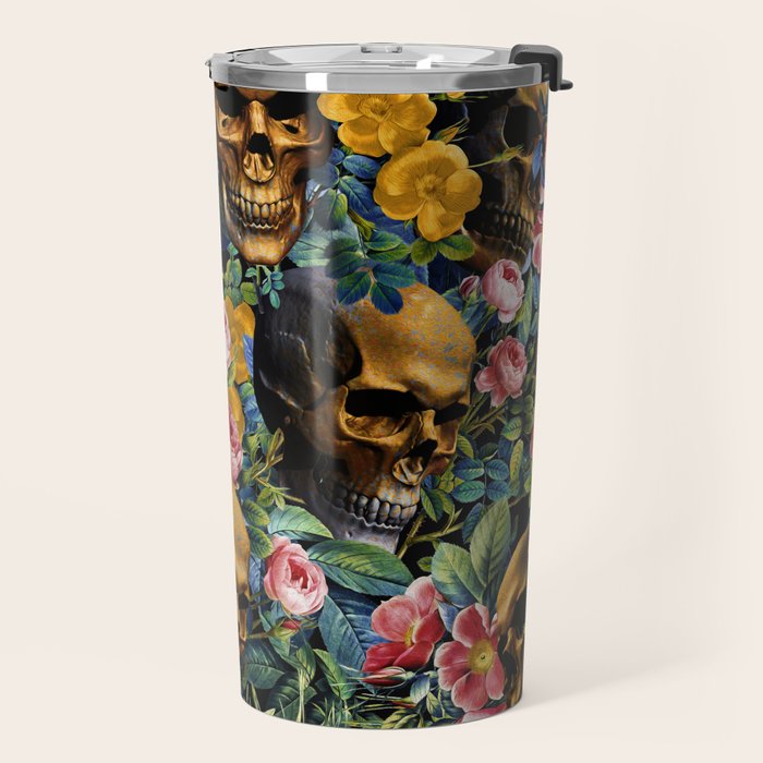 Skull and Flowers Pattern Travel Mug Gallery Image 2
