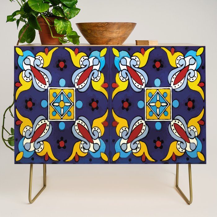 Abstract blue cruz mexican modern talavera tile wall Credenza Gallery Image 1