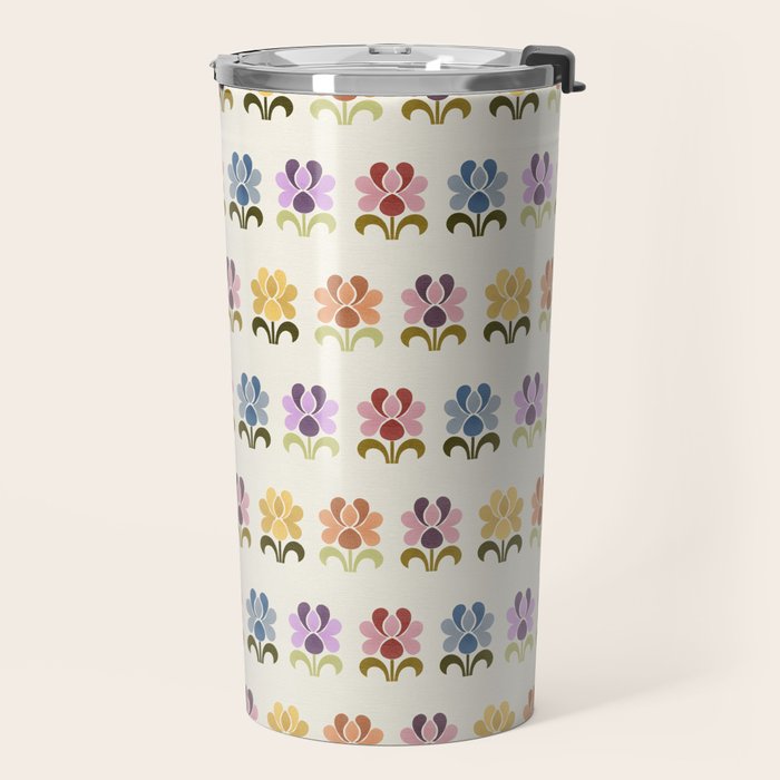 70s Retro Florals Pattern with Linen Texture Travel Mug Gallery Image 2