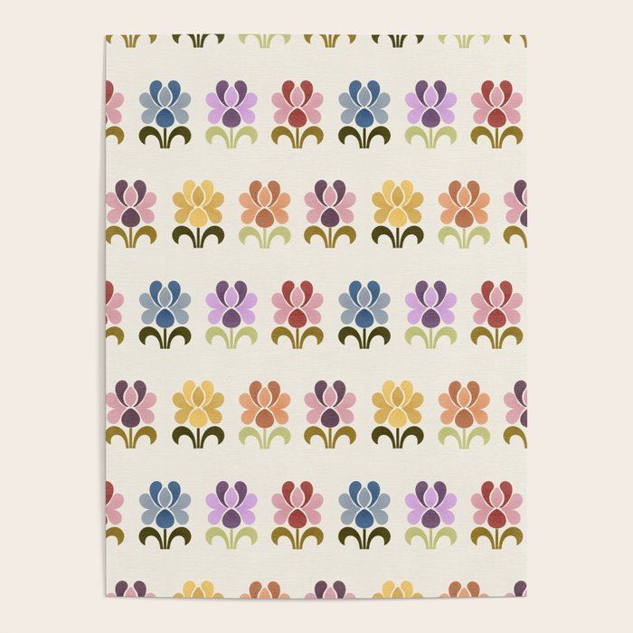 70s Retro Florals Pattern with Linen Texture Poster Gallery Image 1