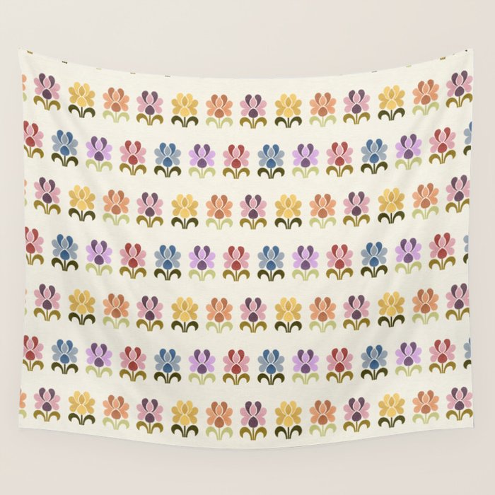 70s Retro Florals Pattern with Linen Texture Wall Tapestry Gallery Image 4