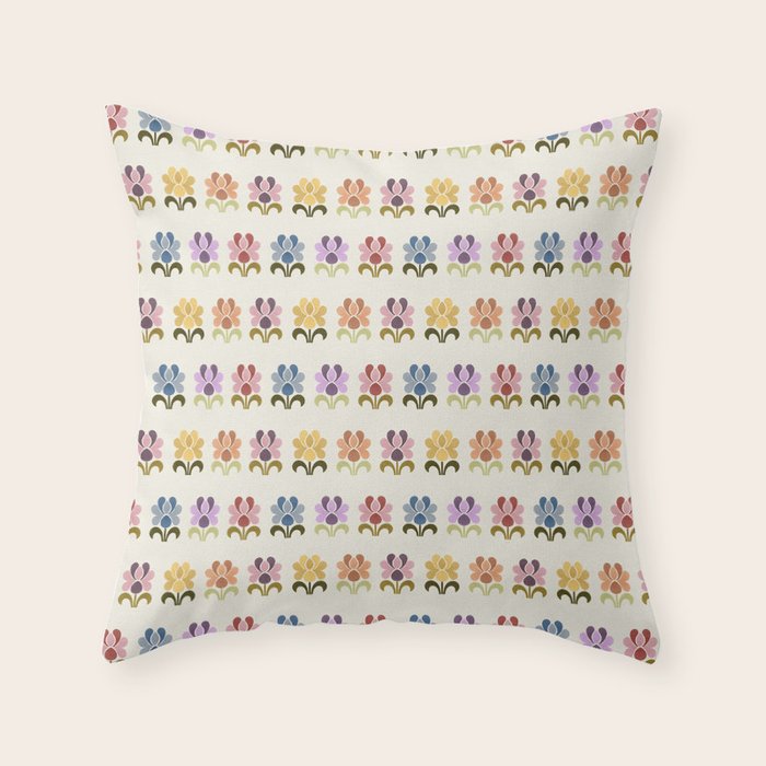 70s Retro Florals Pattern with Linen Texture Throw Pillow Gallery Image 1