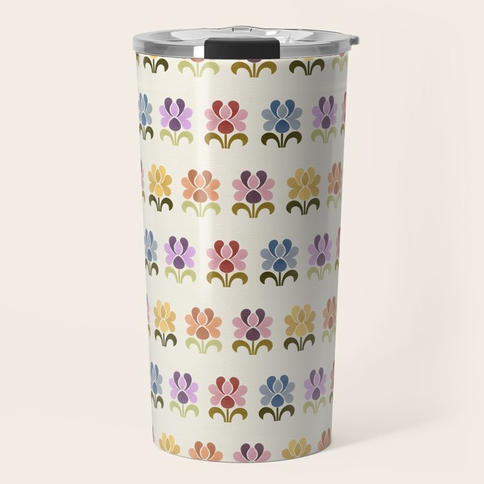 70s Retro Florals Pattern with Linen Texture Travel Mug Gallery Image 1