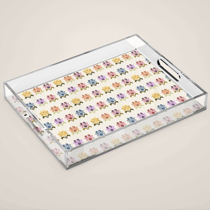 70s Retro Florals Pattern with Linen Texture Acrylic Tray Gallery Image 1