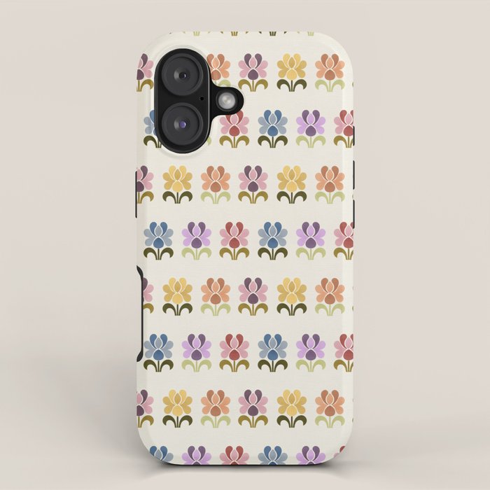 70s Retro Florals Pattern with Linen Texture iPhone Case Gallery Image 1