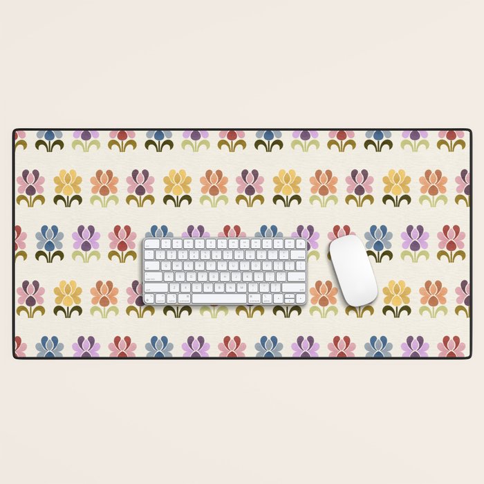 70s Retro Florals Pattern with Linen Texture Desk Mat Gallery Image 1