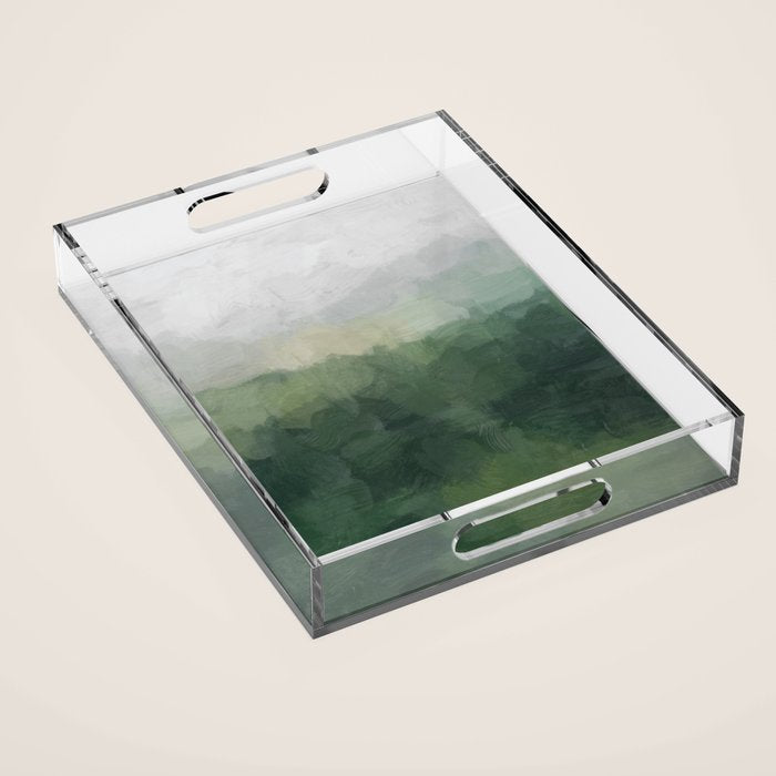 Foggy Hills - Gray Green Abstract Nature Scenic Painting Art Print Wall Decor  Acrylic Tray Gallery Image 1