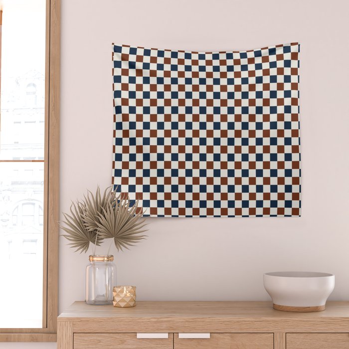 Checkered Multicolor Pattern XVI Red Navy Blue White Wall Tapestry Gallery Image 2
