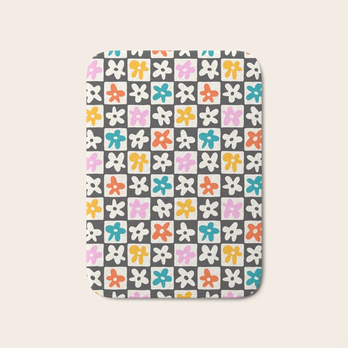 Trendy checkered flower art pattern Bath Mat Gallery Image 1