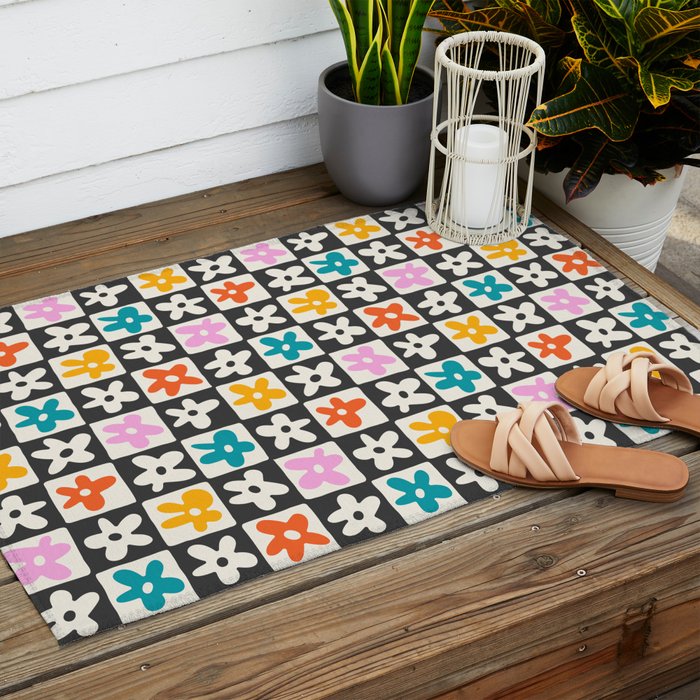 Trendy checkered flower art pattern Outdoor Rug Gallery Image 2