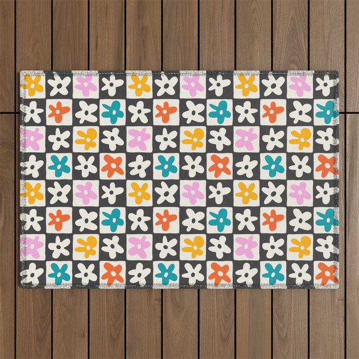 Trendy checkered flower art pattern Outdoor Rug Gallery Image 1