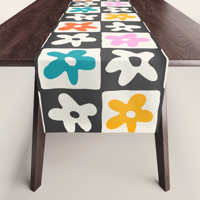 Trendy checkered flower art pattern Table Runner Gallery Image 1