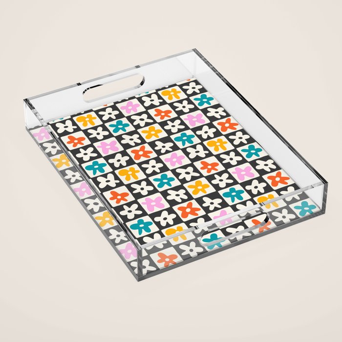 Trendy checkered flower art pattern Acrylic Tray Gallery Image 1