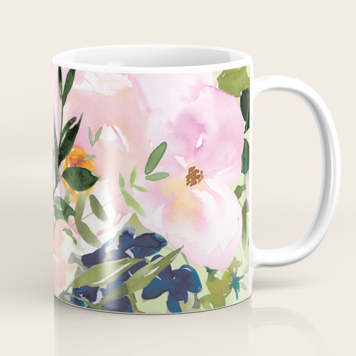 Floral Watercolor Roses Bouquet, Lime Green and Pink Coffee Mug Gallery Image 1