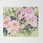 Floral Watercolor Roses Bouquet, Lime Green and Pink Throw Blanket Gallery Image 2