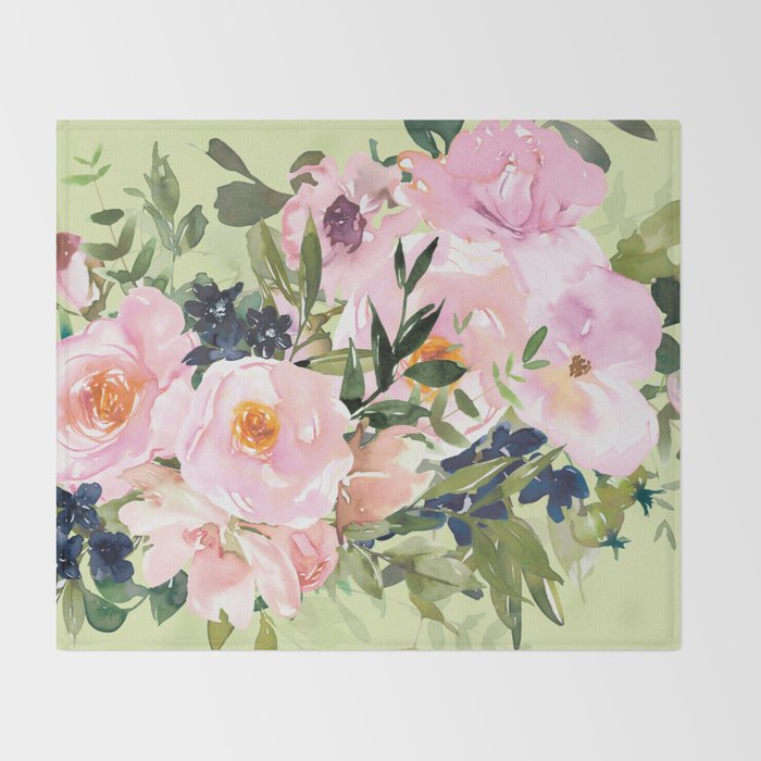 Floral Watercolor Roses Bouquet, Lime Green and Pink Throw Blanket Gallery Image 2