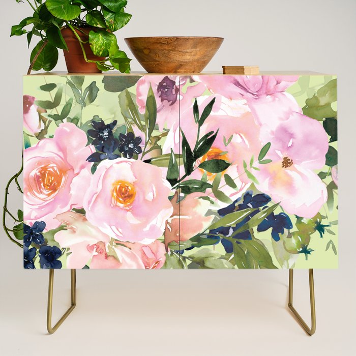Floral Watercolor Roses Bouquet, Lime Green and Pink Credenza Gallery Image 1