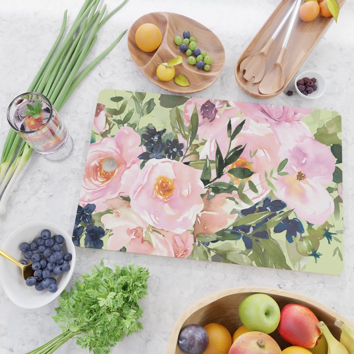 Floral Watercolor Roses Bouquet, Lime Green and Pink Cutting Board Gallery Image 2