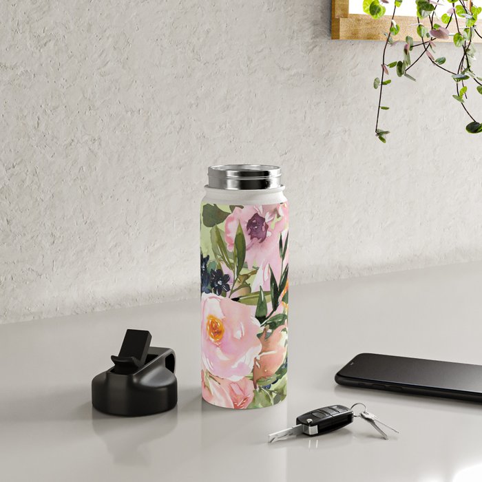 Floral Watercolor Roses Bouquet, Lime Green and Pink Water Bottle Gallery Image 4