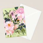 Floral Watercolor Roses Bouquet, Lime Green and Pink Stationery Card Gallery Image 2