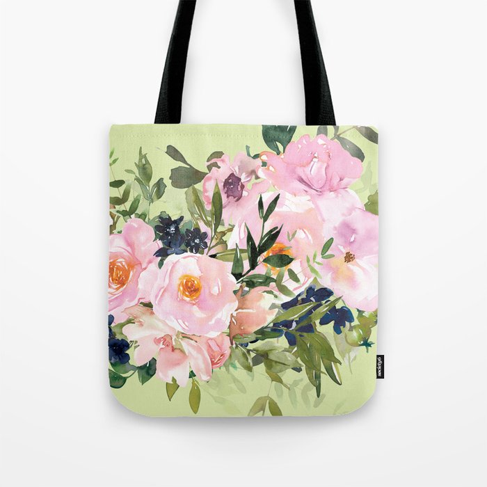 Floral Watercolor Roses Bouquet, Lime Green and Pink Tote Bag Gallery Image 1