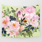 Floral Watercolor Roses Bouquet, Lime Green and Pink Wall Tapestry Gallery Image 4