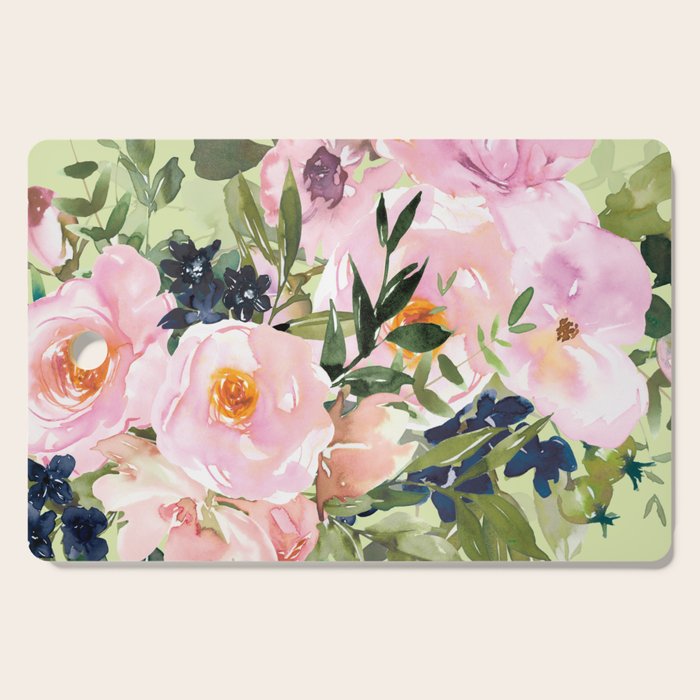 Floral Watercolor Roses Bouquet, Lime Green and Pink Cutting Board Gallery Image 1