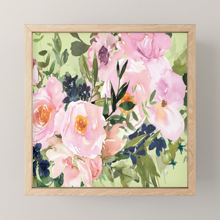 Floral Watercolor Roses Bouquet, Lime Green and Pink Mini Art Print Gallery Image 1