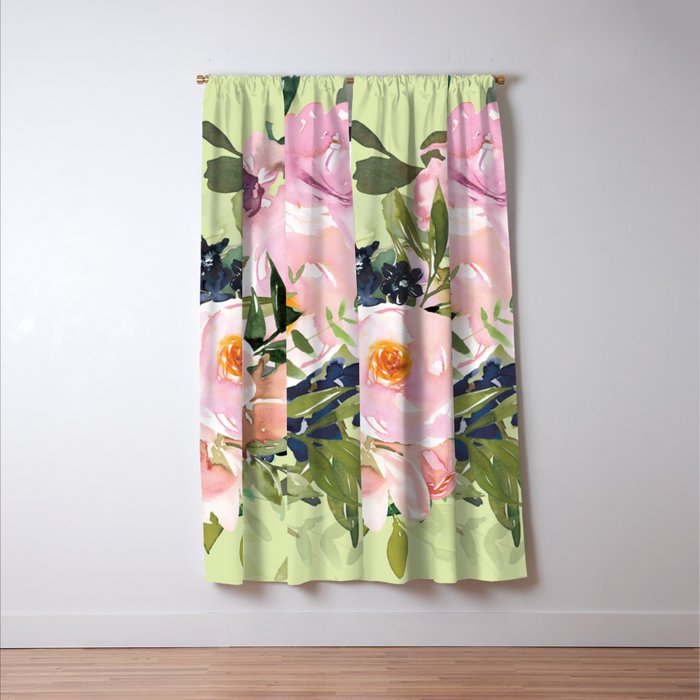 Floral Watercolor Roses Bouquet, Lime Green and Pink Window Curtain Gallery Image 3