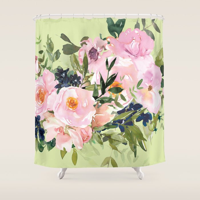 Floral Watercolor Roses Bouquet, Lime Green and Pink Shower Curtain Gallery Image 1