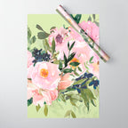 Floral Watercolor Roses Bouquet, Lime Green and Pink Wrapping Paper Gallery Image 1